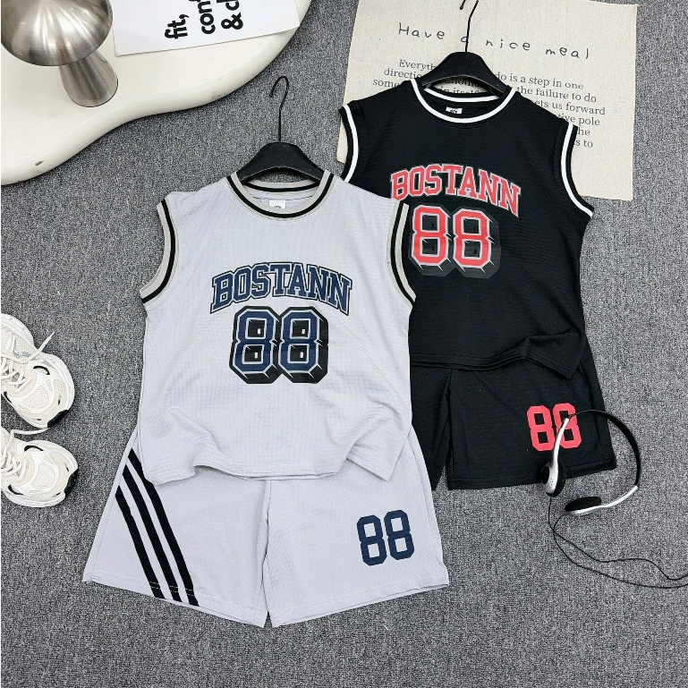 Bộ thể thao sát nách in BOSTAAN 88, chất liệu mềm mại thông hơi, điều hòa cho bé trai từ 17-65kg
