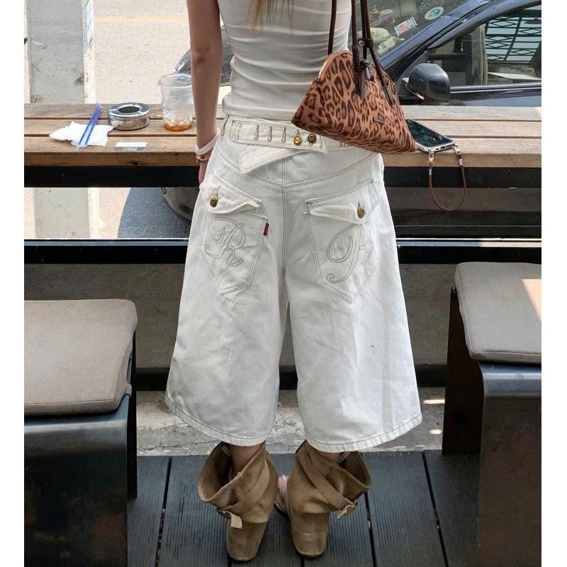 Quần short capri kaki ống rộng dáng lửng màu trắng túi thêu hiphop QJL005 - Tiktik