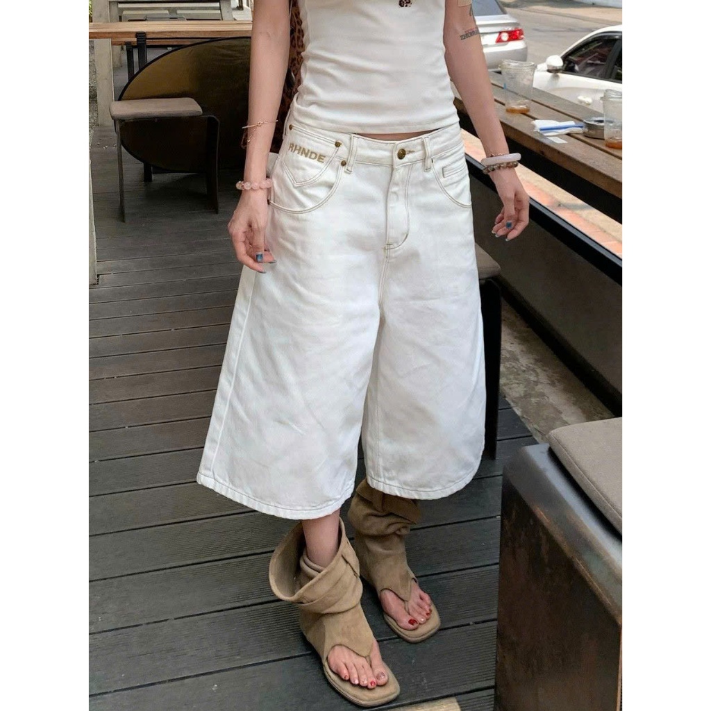 Quần short capri kaki ống rộng dáng lửng màu trắng túi thêu hiphop QJL005 - Tiktik