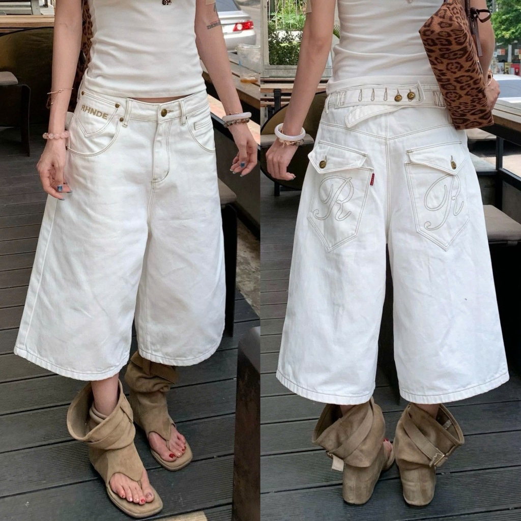 Quần short capri kaki ống rộng dáng lửng màu trắng túi thêu hiphop QJL005 - Tiktik
