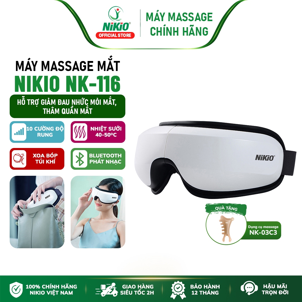 Máy massage mắt Nikio NK-116 - Chườm nóng mắt thư giãn, xoa bóp túi khí, bluetooth phát nhạc