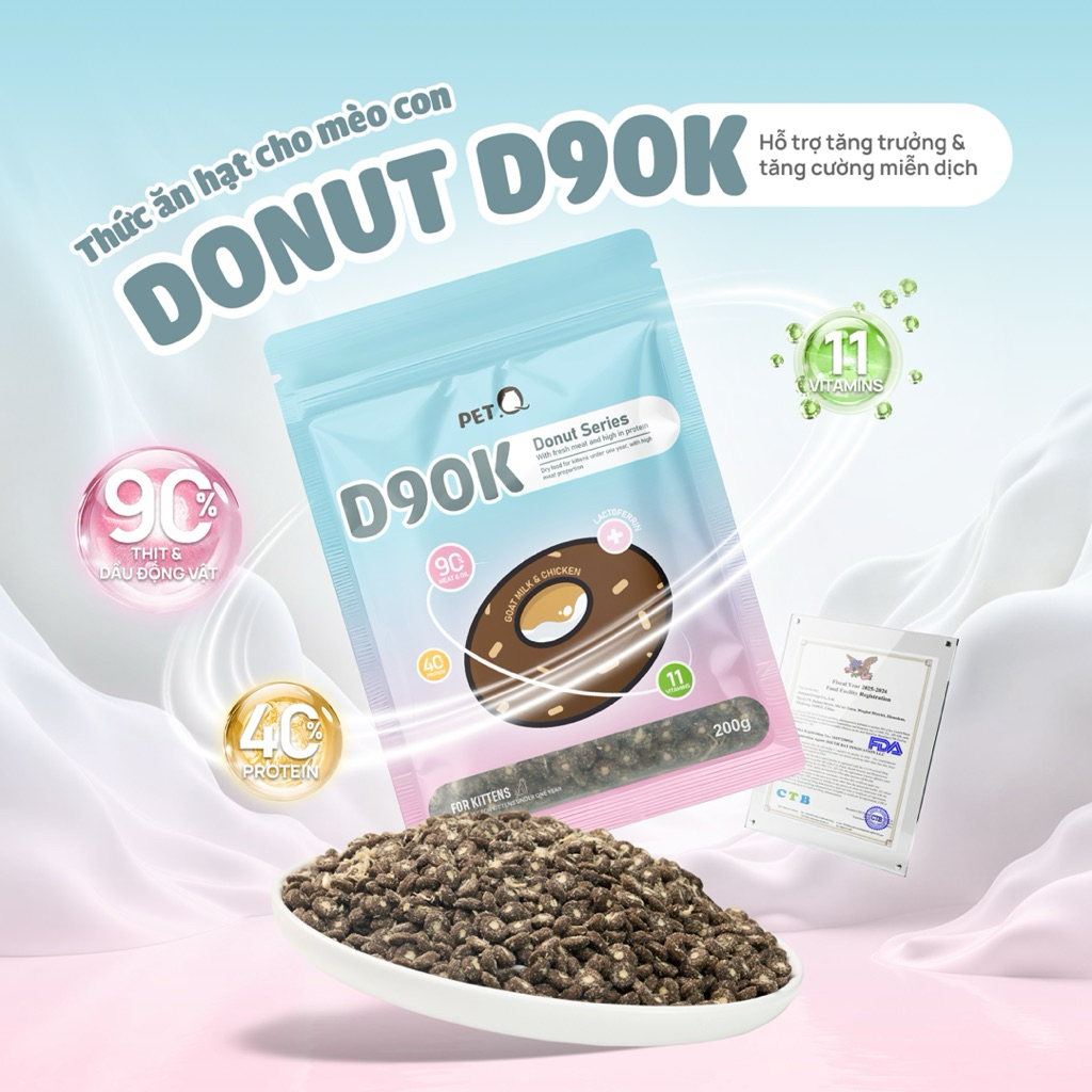 Hạt Cho Mèo PETQ DONUT Từ Sữa Dê & Gà, Đạm Cao Không Độn Ngũ Cốc
