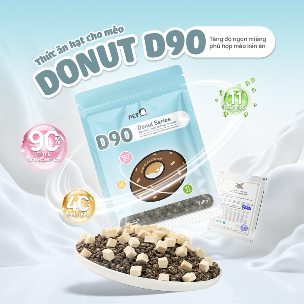 Hạt Cho Mèo PETQ DONUT Từ Sữa Dê & Gà, Đạm Cao Không Độn Ngũ Cốc