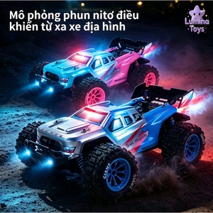 🛡️Xe Địa Hình RC Bền ABS, Phun Sương & Đèn LED, Sạc USB, Remote Dùng 3 Pin AA, Kích Thước 31cm, Cho Bé 14+
