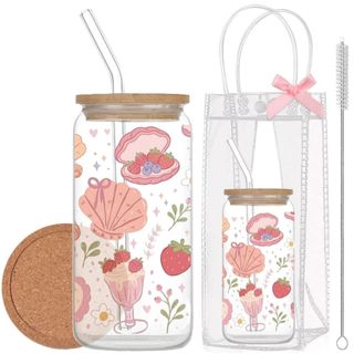 Cốc Thuỷ Tinh Dâu Tây Ngọt Ngào 500ml, Ly Thuỷ Tinh Cute Chịu Nhiệt Kèm Phụ Kiện, Quà Tặng Sinh Nhật