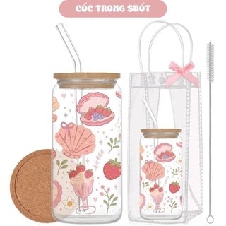 Cốc Thuỷ Tinh Dâu Tây Ngọt Ngào 500ml, Ly Thuỷ Tinh Cute Chịu Nhiệt Kèm Phụ Kiện, Quà Tặng Sinh Nhật