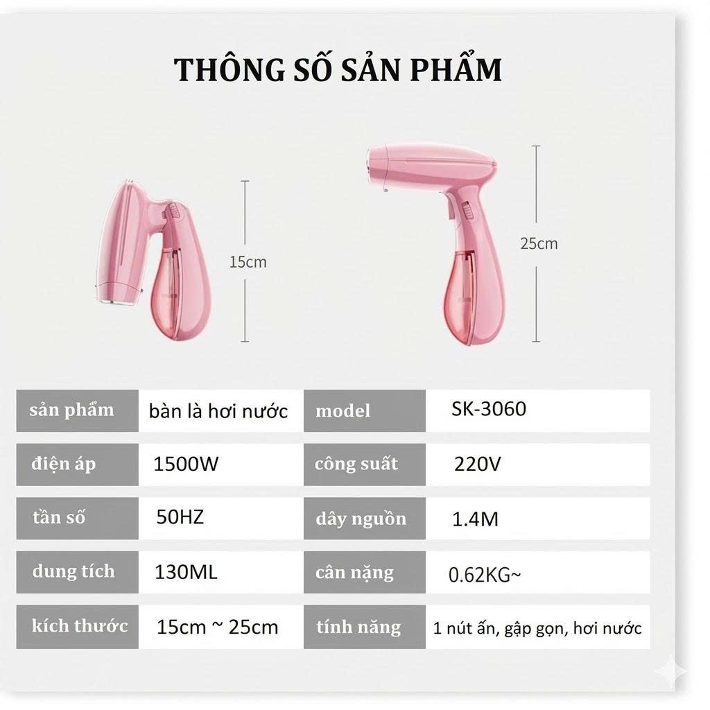 Bàn Là Hơi Nước Cầm Tay Gấp Gọn Công Suất 1500W Ủi Phẳng Mọi Loại Vải, Tiện Lợi Mang Đi Du Lịch Công Tác