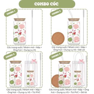Cốc Thuỷ Tinh Dưa Hấu Cute 500ml, Ly Thuỷ Tinh Cute Chịu Nhiệt Kèm Phụ Kiện, Quà Tặng Sinh Nhật
