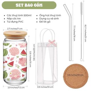Cốc Thuỷ Tinh Dưa Hấu Cute 500ml, Ly Thuỷ Tinh Cute Chịu Nhiệt Kèm Phụ Kiện, Quà Tặng Sinh Nhật
