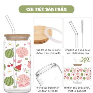 Cốc Thuỷ Tinh Dưa Hấu Cute 500ml, Ly Thuỷ Tinh Cute Chịu Nhiệt Kèm Phụ Kiện, Quà Tặng Sinh Nhật