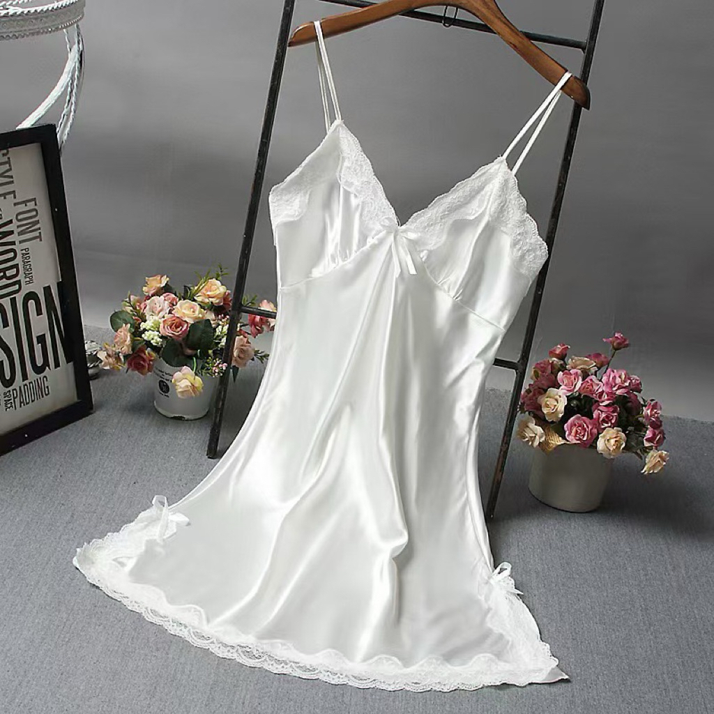 Váy Ngủ Phi Giả Lụa Satin Hai Dây Phối Ren Nữ, Đầm Ngủ Mặc Nhà Màu Hồng