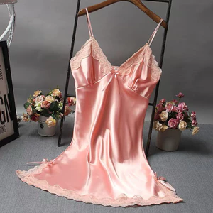 Váy Ngủ Phi Giả Lụa Satin Hai Dây Phối Ren Nữ, Đầm Ngủ Mặc Nhà Màu Hồng