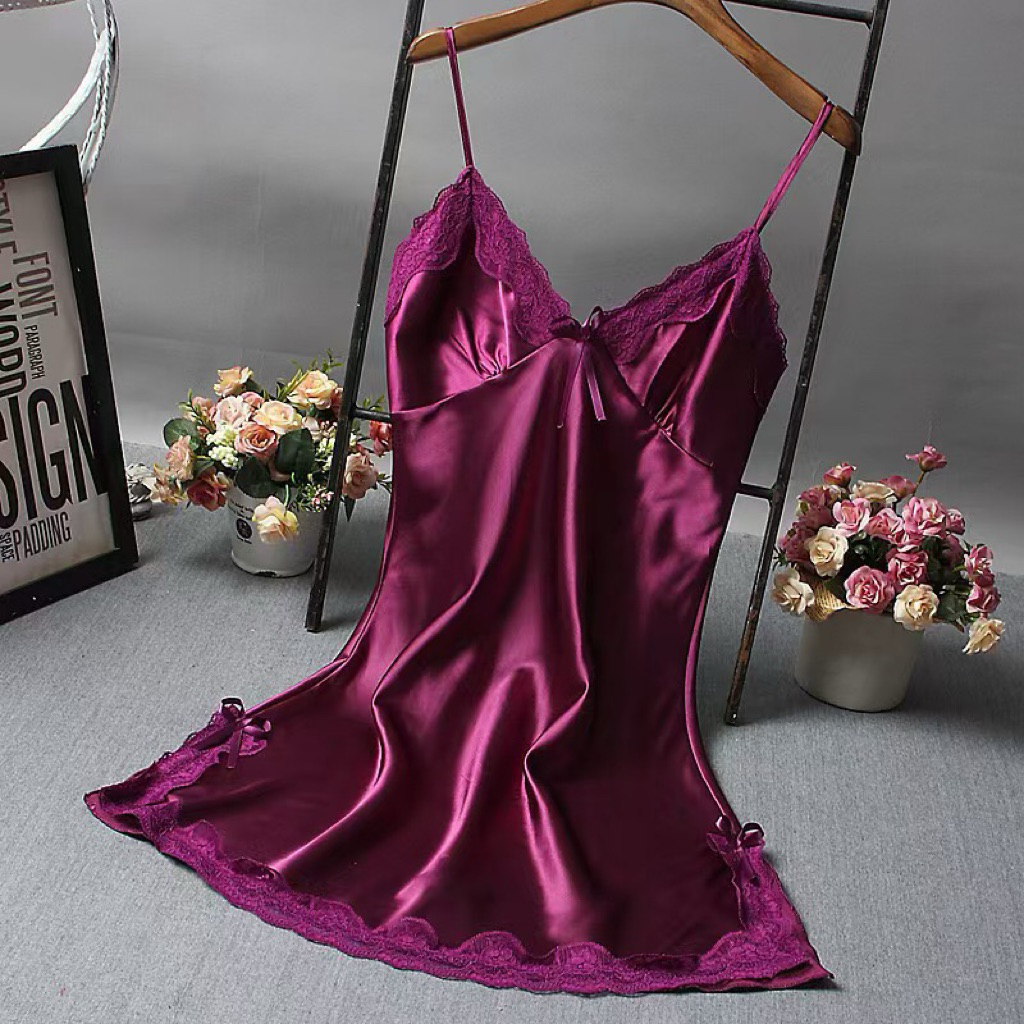 Váy Ngủ Phi Giả Lụa Satin Hai Dây Phối Ren Nữ, Đầm Ngủ Mặc Nhà Màu Hồng