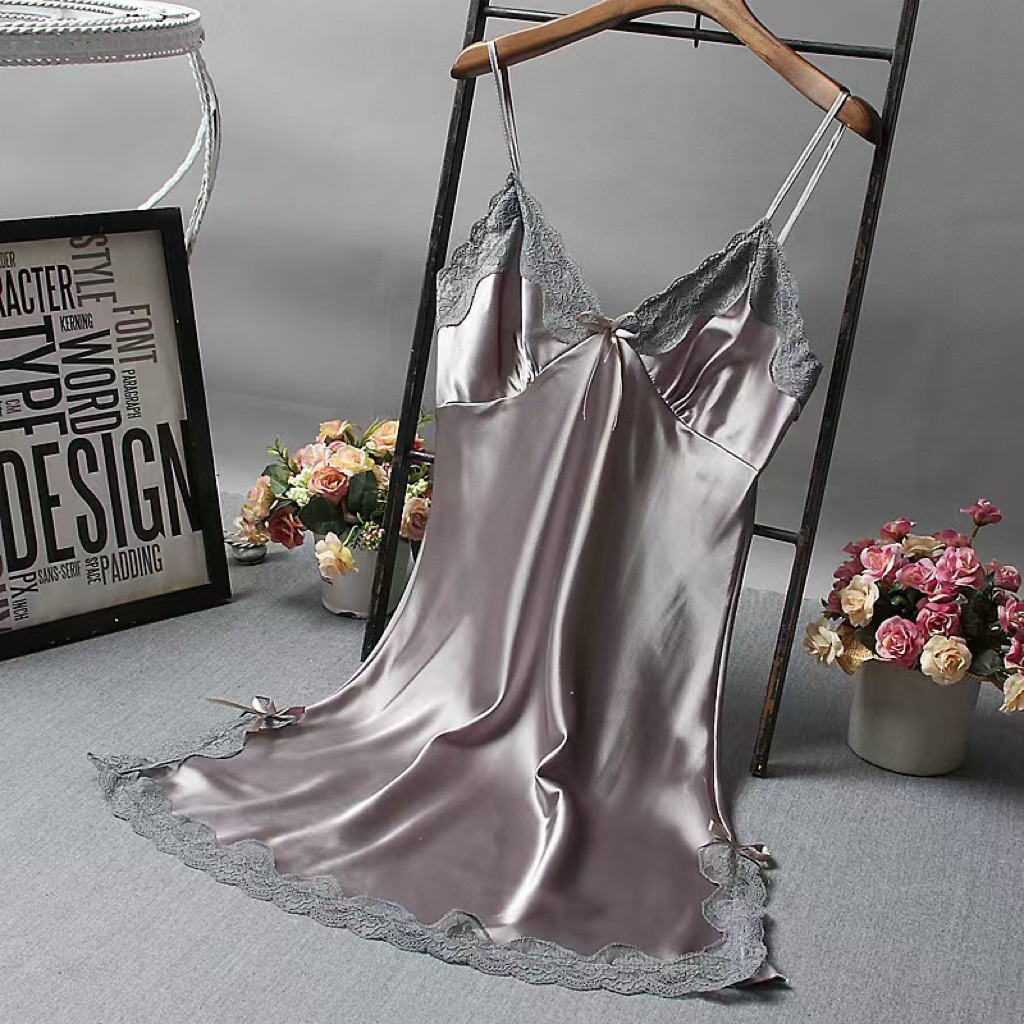 Váy Ngủ Phi Giả Lụa Satin Hai Dây Phối Ren Nữ, Đầm Ngủ Mặc Nhà Màu Hồng