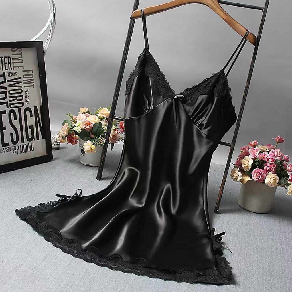 Váy Ngủ Phi Giả Lụa Satin Hai Dây Phối Ren Nữ, Đầm Ngủ Mặc Nhà Màu Hồng
