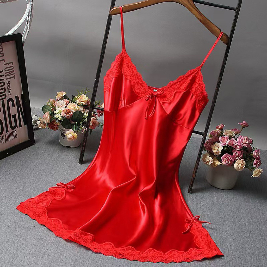 Váy Ngủ Phi Giả Lụa Satin Hai Dây Phối Ren Nữ, Đầm Ngủ Mặc Nhà Màu Hồng
