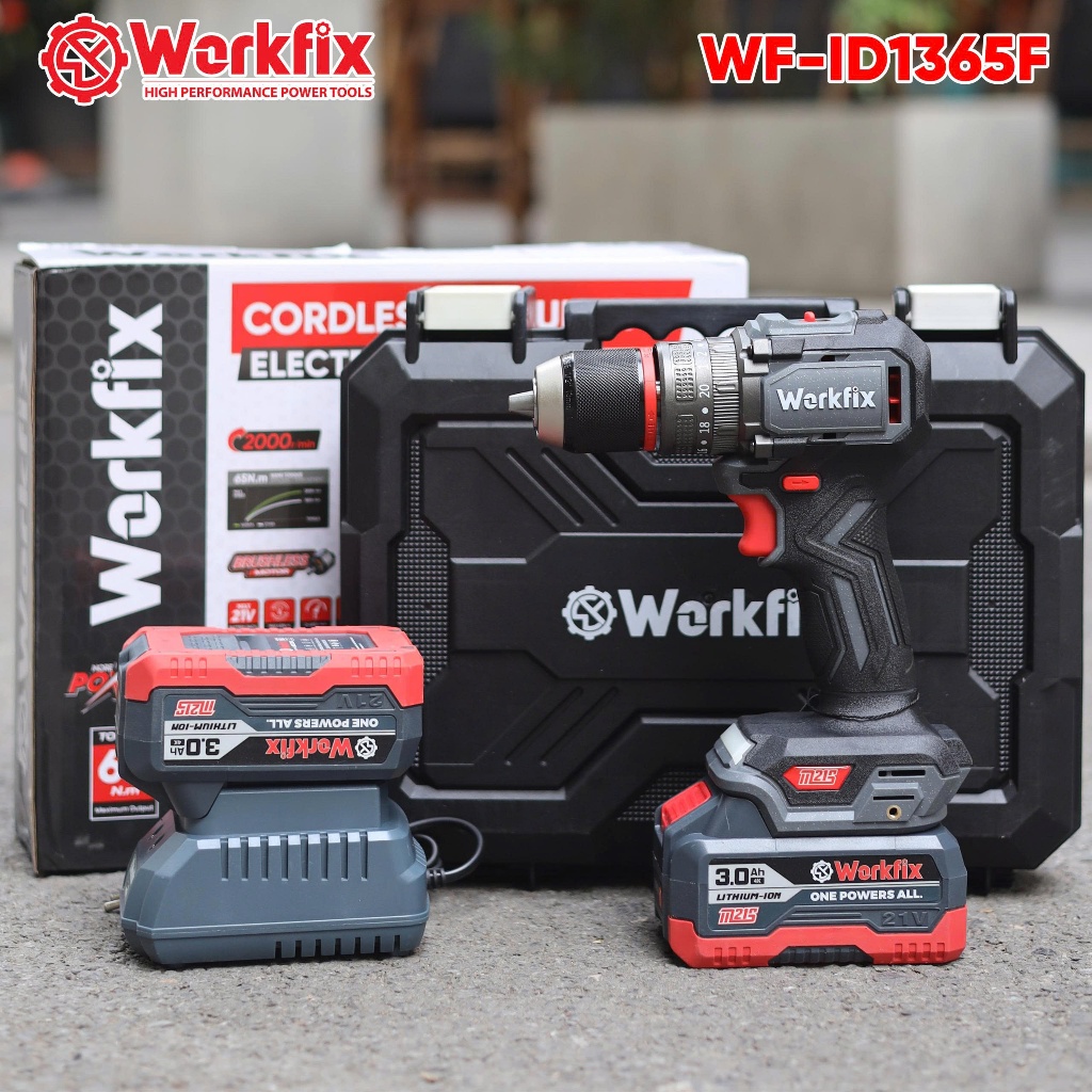 Máy khoan pin WORKFIX 21V WF-ID1365F, Lực siết 65Nm, 3 chức năng - động cơ KHÔNG CHỔI THAN