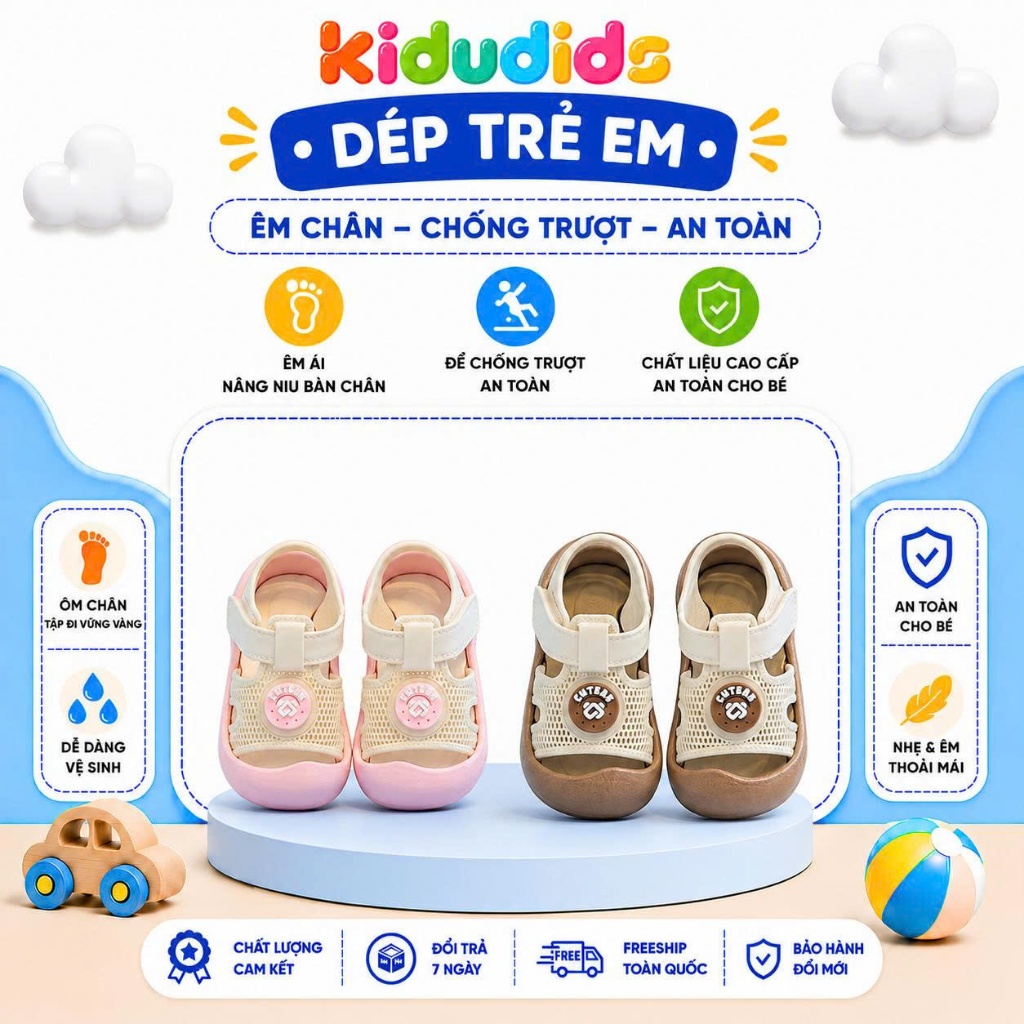 Giày Sandal Tập Đi Cho Bé Kidudids Chống Trượt Thoáng Khí Mũi Kín Đế Mềm Size 18-23 Mã 912