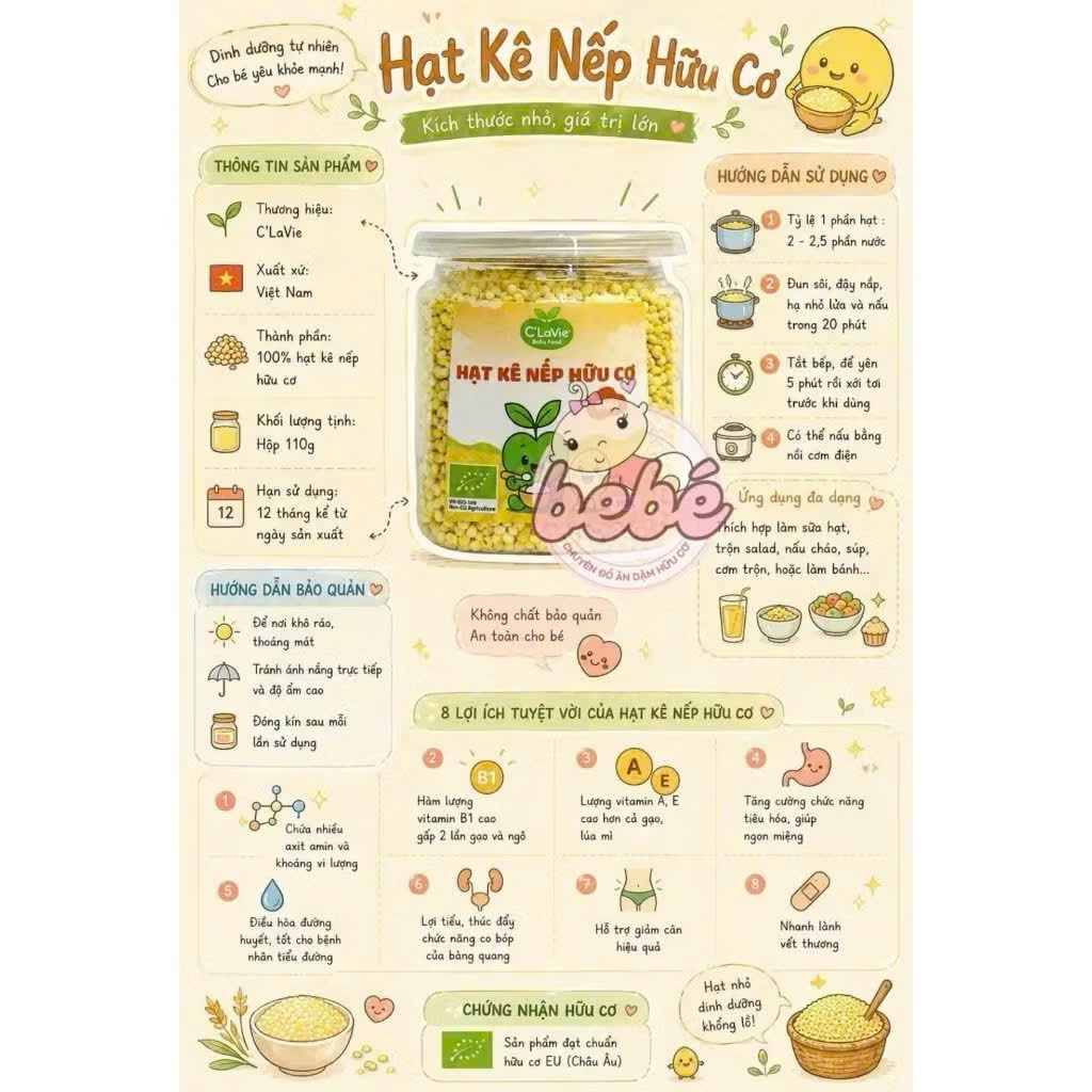 Hạt Kê Nếp Hữu Cơ C'Lavie Đã Tách Vỏ Cho Bé Ăn Dặm. Nấu Cháo, Làm Sữa Hạt,...