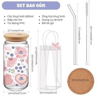 Cốc Thuỷ Tinh Việt Quất 500ml, Ly Thuỷ Tinh Cute Chịu Nhiệt Kèm Phụ Kiện, Quà Tặng Sinh Nhật