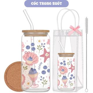 Cốc Thuỷ Tinh Việt Quất 500ml, Ly Thuỷ Tinh Cute Chịu Nhiệt Kèm Phụ Kiện, Quà Tặng Sinh Nhật