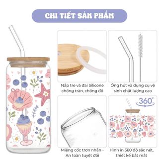 Cốc Thuỷ Tinh Việt Quất 500ml, Ly Thuỷ Tinh Cute Chịu Nhiệt Kèm Phụ Kiện, Quà Tặng Sinh Nhật