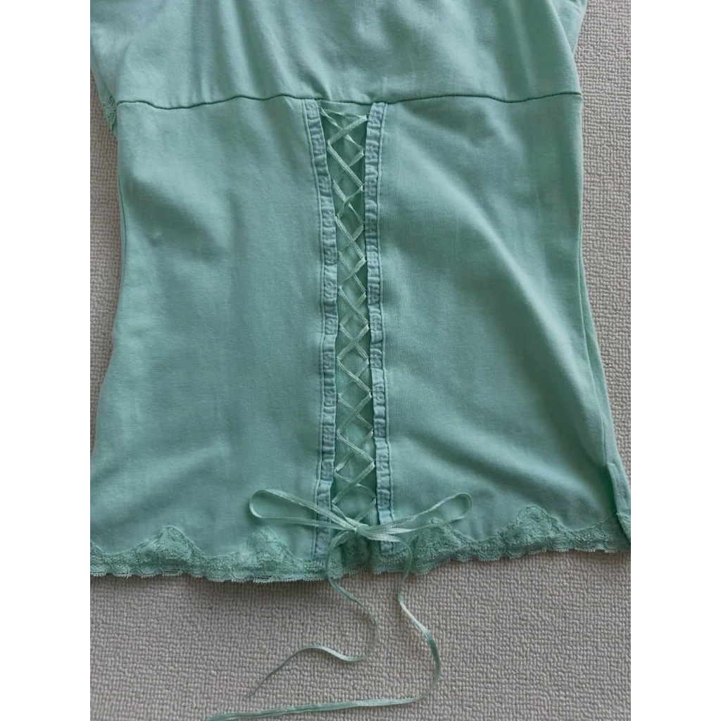 (sẵn)Áo hai dây ren đính nơ buộc màu xanh ngọc tiffany blue mát mẻ AHD022 - Tiktik