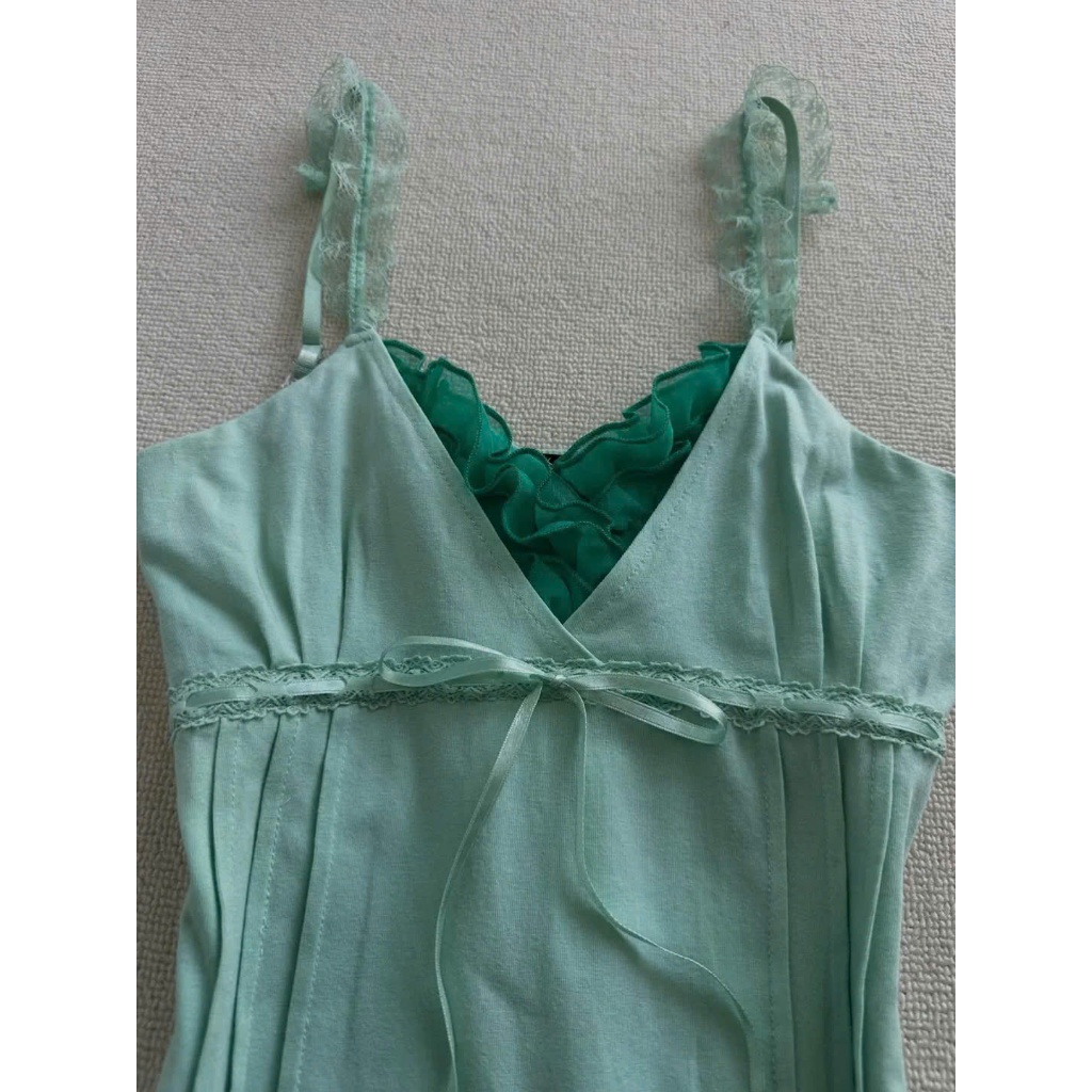 (sẵn)Áo hai dây ren đính nơ buộc màu xanh ngọc tiffany blue mát mẻ AHD022 - Tiktik