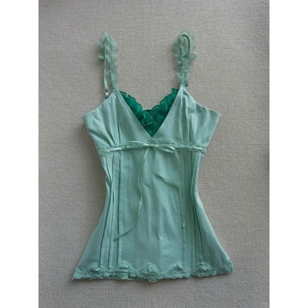 (sẵn)Áo hai dây ren đính nơ buộc màu xanh ngọc tiffany blue mát mẻ AHD022 - Tiktik