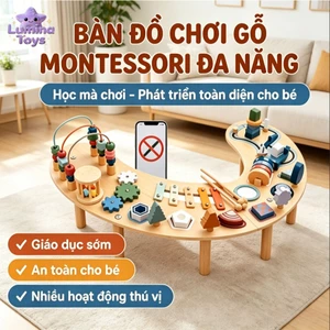 Bàn Đồ Chơi Gỗ Đa Năng Có Gõ Nhạc & Xâu Hạt | Kích Thích Não Bộ, An Toàn Sơn Nước, Kích Thước 74.5x48x26cm