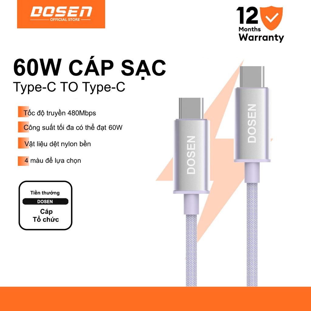 DOSEN 1M-2M Dây cáp sạc nhanh PD 60W từ Type-C sang Type-C tiện dụng cho Phone 15 Macbook Pro iPad Xiaomi Samsung