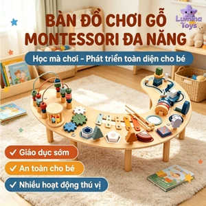 Bàn Đồ Chơi Gỗ Montessori Đa Năng 10+ Hoạt Động | Phát Triển 5 Kỹ Năng, Kích Thước 74.5x48x26cm, An Toàn Cho Bé