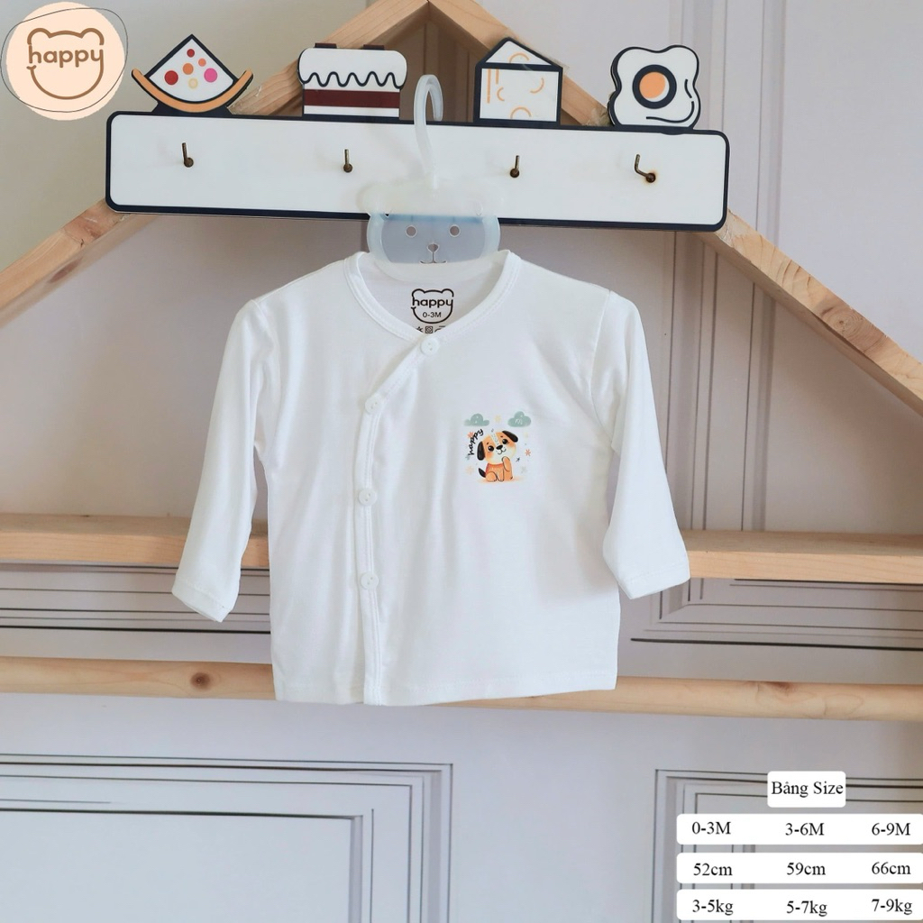 (HK 026) Combo 3-5 Áo Dài Tay Happy Kids Vải Thun Lạnh Petit Nền Trắng Trơn mềm mát cho bé 3-9kg