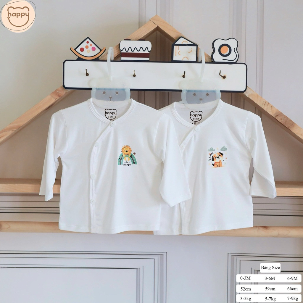 (HK 026) Combo 3-5 Áo Dài Tay Happy Kids Vải Thun Lạnh Petit Nền Trắng Trơn mềm mát cho bé 3-9kg