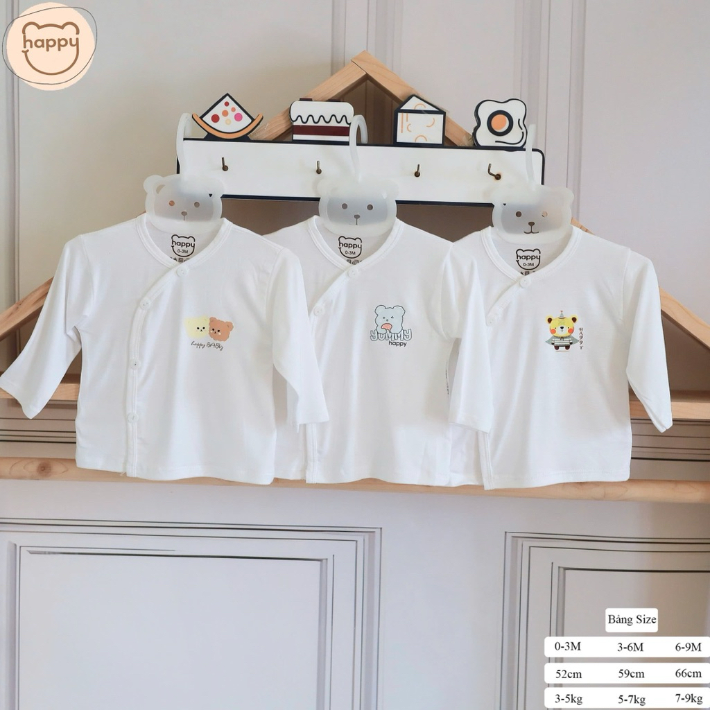 (HK 026) Combo 3-5 Áo Dài Tay Happy Kids Vải Thun Lạnh Petit Nền Trắng Trơn mềm mát cho bé 3-9kg