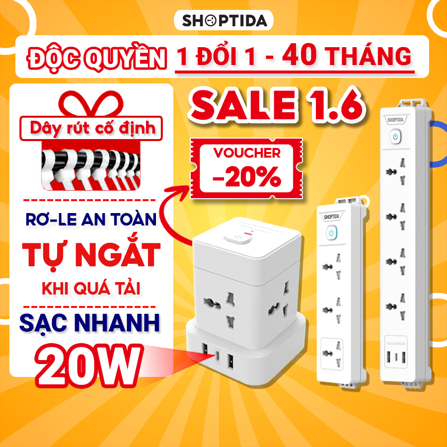 Ổ cắm điện đa năng 3-12 ổ tải 2500W Shoptida, sạc nhanh 20W cổng typeC USB, chống cháy an toàn, 1 đổi 1 40 tháng