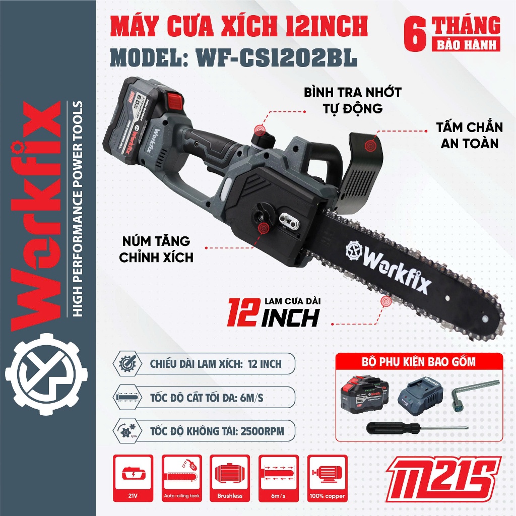 Máy cưa xích pin Workfix WF-CS1202BL, Động cơ Không chổi than, Lam 28cm - Chân pin phổ thông