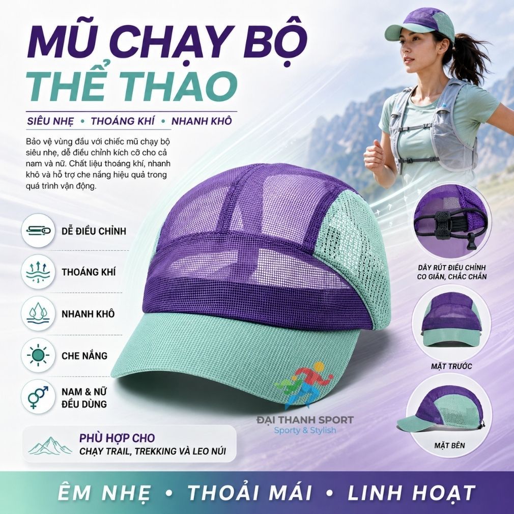 Mũ chạy bộ thể thao nam nữ siêu nhẹ, khô nhanh thoáng khí, Mũ Lưỡi Chai Chống Nắng, Nón Chạy Trail Trekking Leo Núi