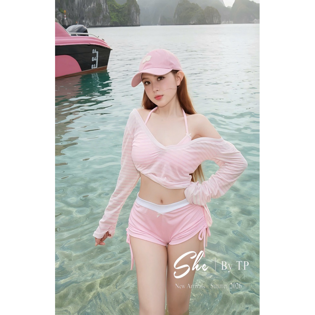 💛 Set 3 món: áo bơi + quần đùi + áo coton kẻ