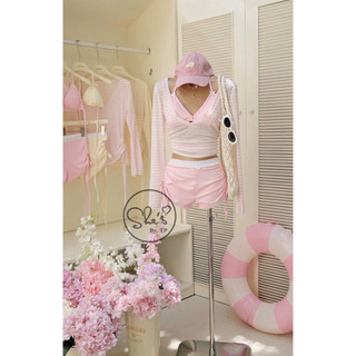 Set Bikini 3 Món: Áo Nơ + Quần Nhún + Áo Giấy Kẻ Chuẩn She’s