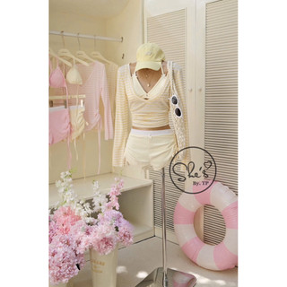 Set Bikini 3 Món: Áo Nơ + Quần Nhún + Áo Giấy Kẻ Chuẩn She’s