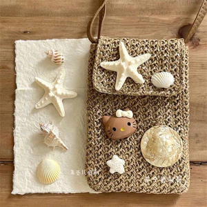 Túi đựng điện thoại hình mèo bằng da đen Summer Island, túi đeo chéo dệt thủ công kiểu dáng nghỉ dưỡng,họa tiết sao biển