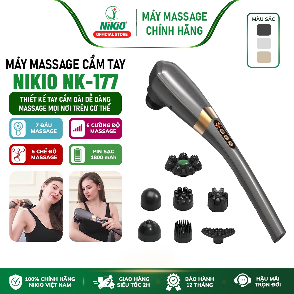Máy massage cầm tay 7 đầu pin sạc Nikio NK-177 - Dòng cao cấp, 5 chế độ và 6 tốc độ mát xa