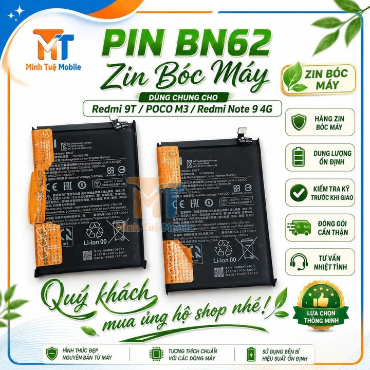 Pin BN62 dùng chung cho Redmi 9T / POCO M3 / Redmi Note 9 4G (zin bóc máy)