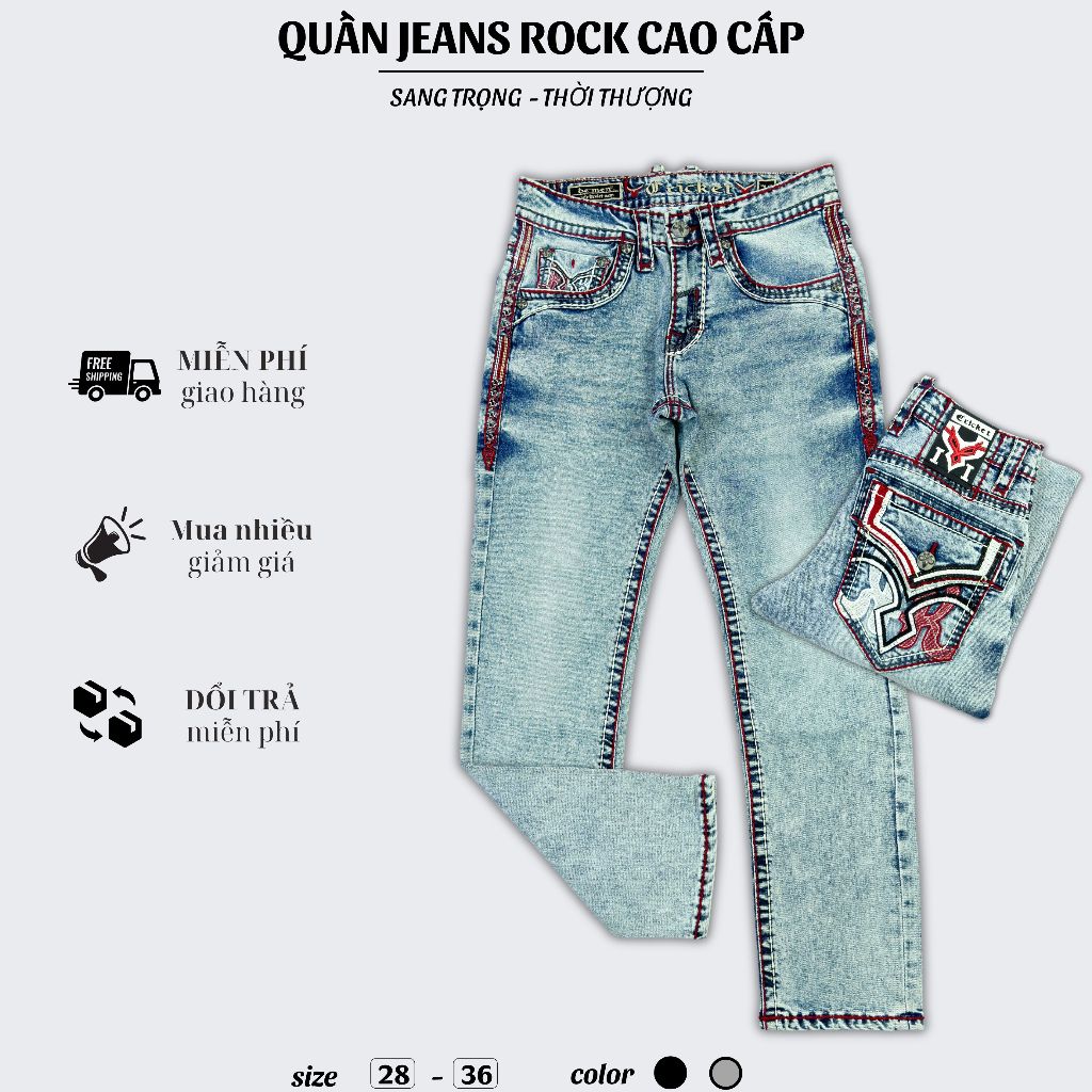 Quần Jeans Rock Cao Cấp Thêu Họa Tiết Chỉ Đỏ - Jeans Cao Cấp Form Slimfit Nút Kim Loạị Sang Trọng R1