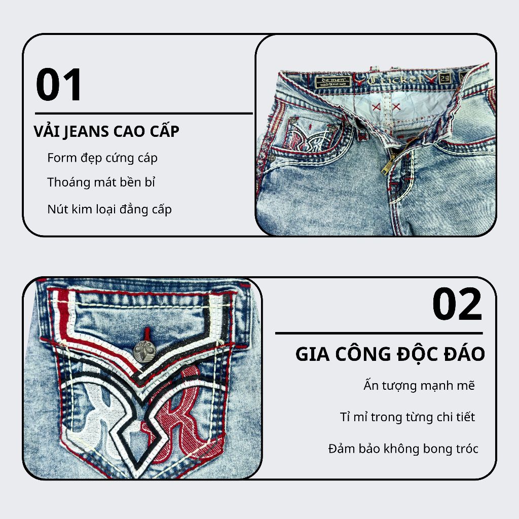 Quần Jeans Rock Cao Cấp Thêu Họa Tiết Chỉ Đỏ - Jeans Cao Cấp Form Slimfit Nút Kim Loạị Sang Trọng R1
