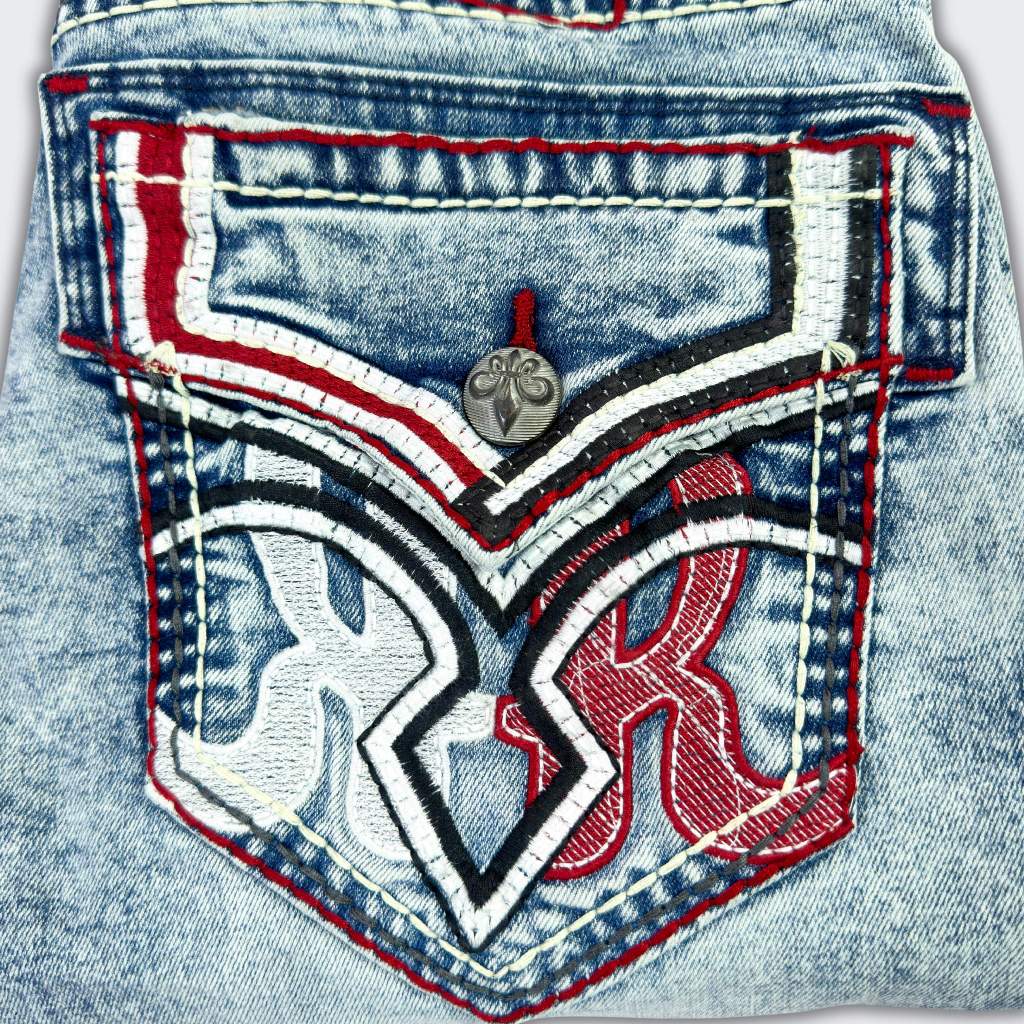 Quần Jeans Rock Cao Cấp Thêu Họa Tiết Chỉ Đỏ - Jeans Cao Cấp Form Slimfit Nút Kim Loạị Sang Trọng R1
