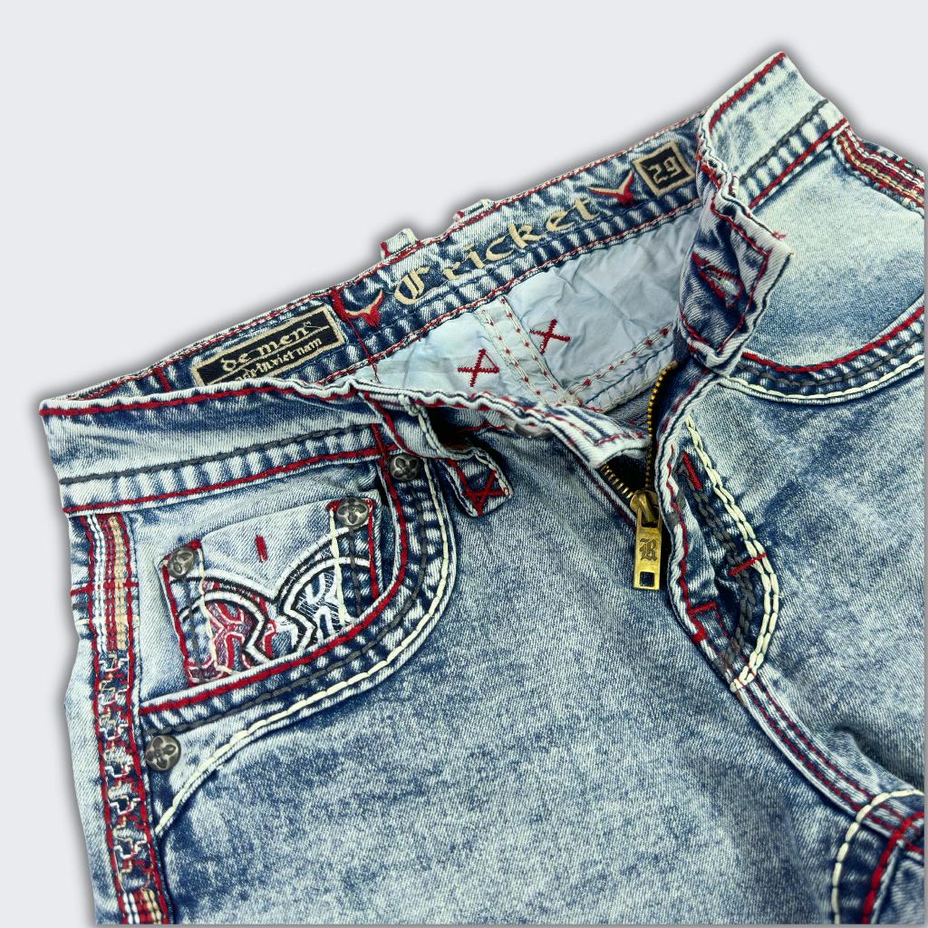 Quần Jeans Rock Cao Cấp Thêu Họa Tiết Chỉ Đỏ - Jeans Cao Cấp Form Slimfit Nút Kim Loạị Sang Trọng R1