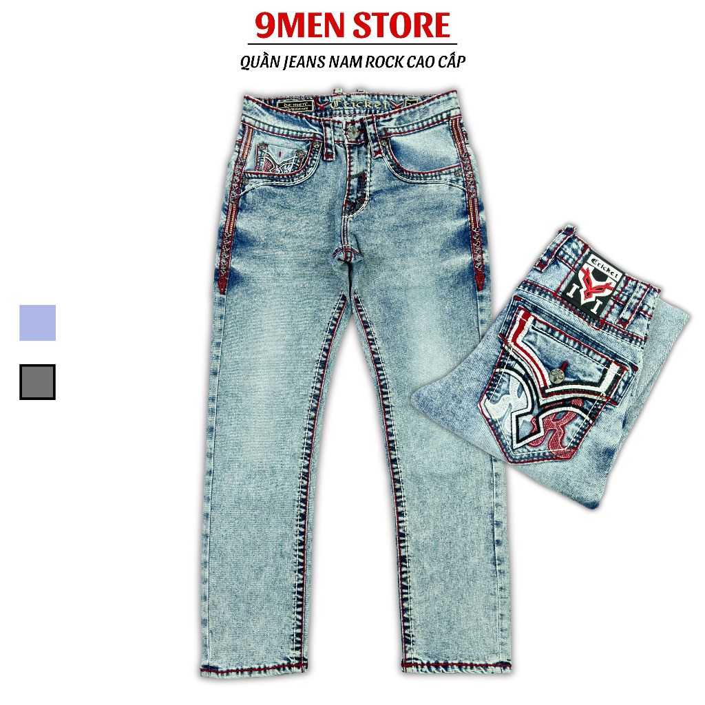 Quần Jeans Rock Cao Cấp Thêu Họa Tiết Chỉ Đỏ - Jeans Cao Cấp Form Slimfit Nút Kim Loạị Sang Trọng R1