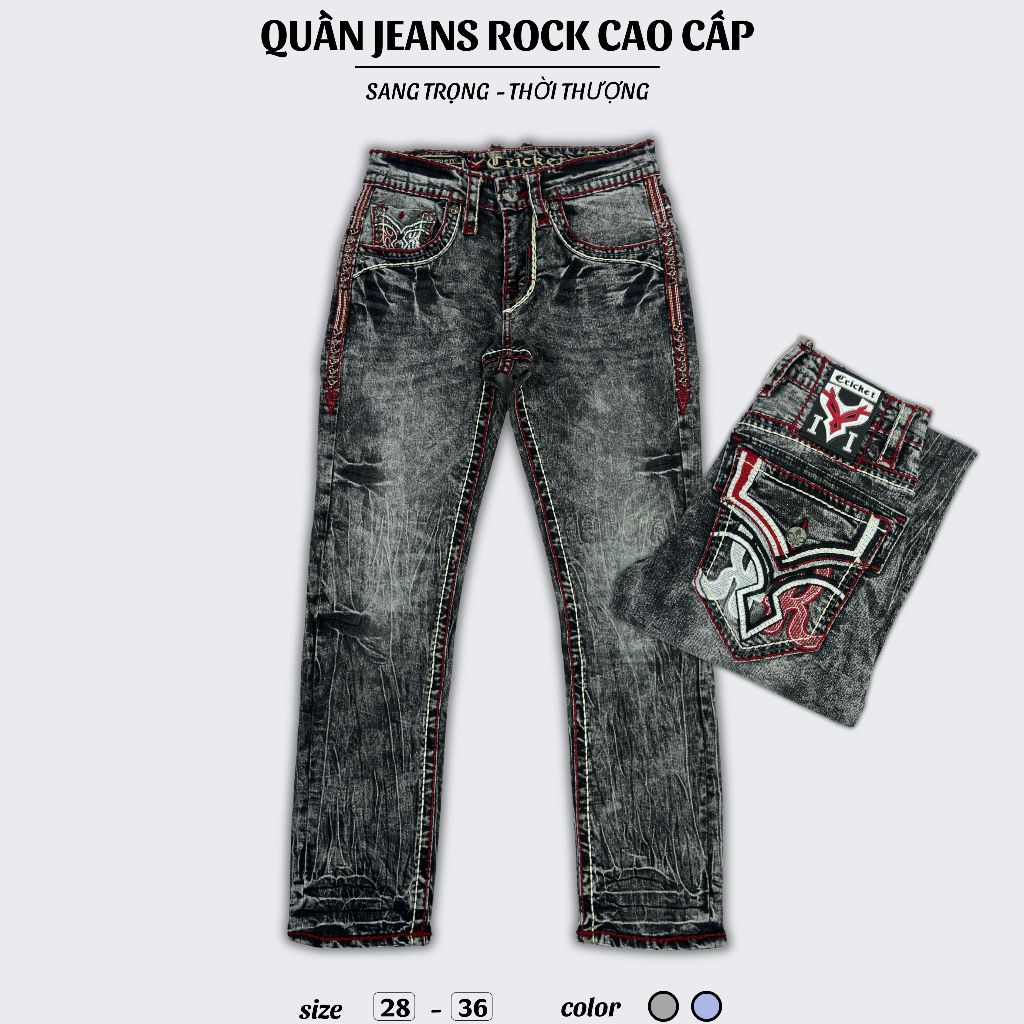 Quần Jeans Rock Cao Cấp Thêu Họa Tiết Chỉ Đỏ - Jeans Cao Cấp Form Slimfit Nút Kim Loạị Sang Trọng R1